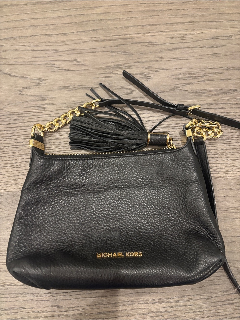 MICHAEL KORS Black Pebbled Leather Crossbody with Gold Chain & Tassel